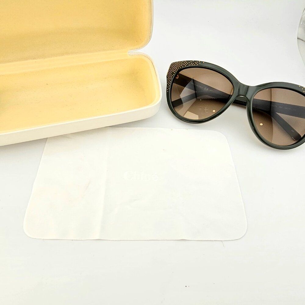 Chloé Caspia Cat Eye Sunglasses Dark Green Gold Micro Stud Brown Gradient Lens - Picture 15 of 16